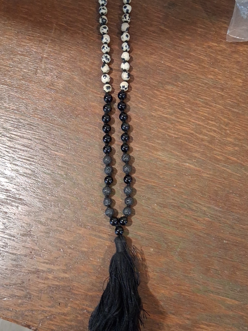 Black and Cream Beaded Tassel Necklace